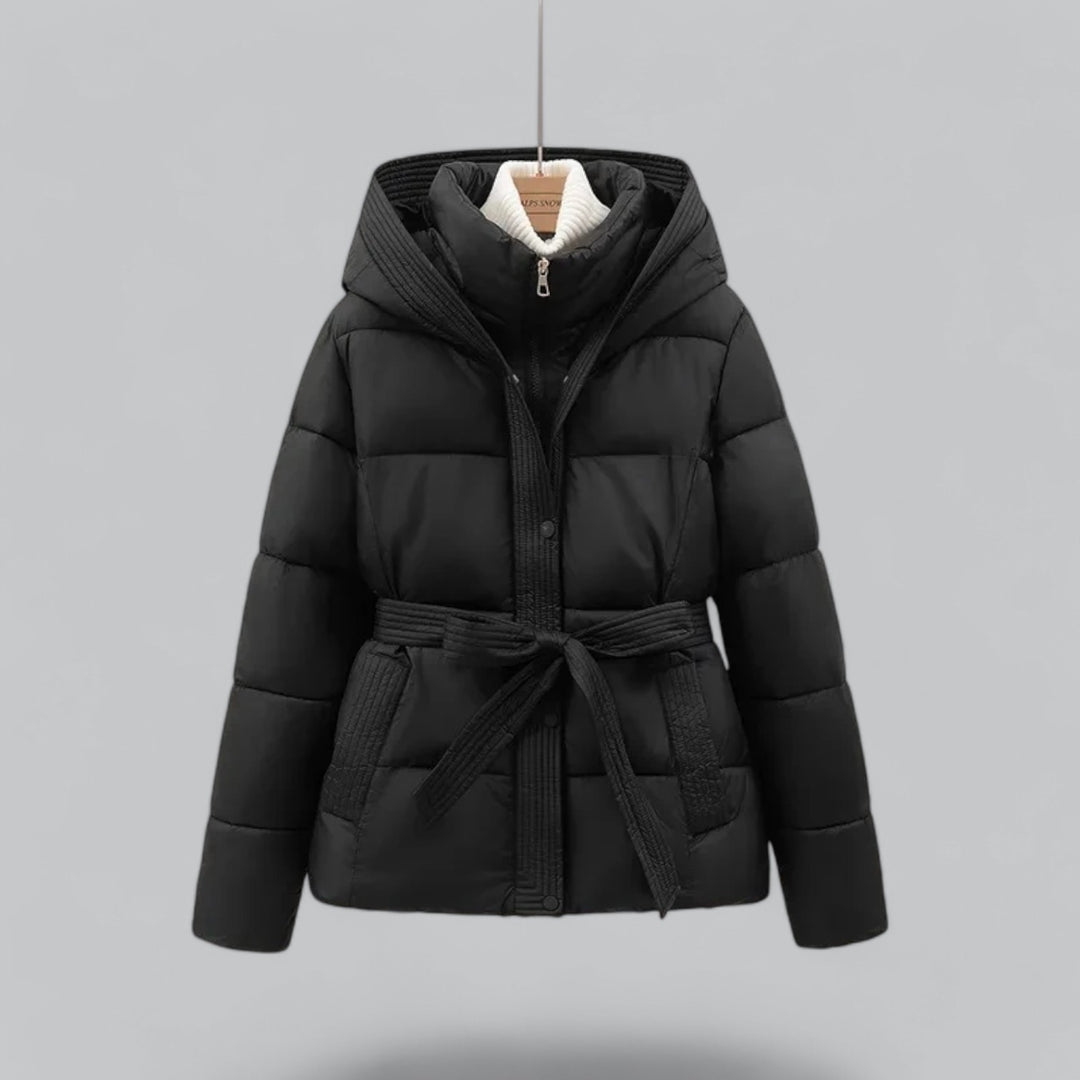 Women's hooded belted puffer jacket with quilted panels and front pockets