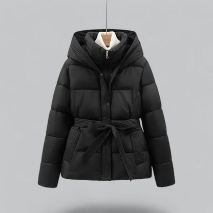 Women's hooded belted puffer jacket with quilted panels and front pockets