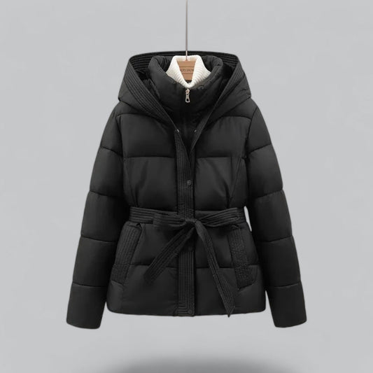 Women's hooded belted puffer jacket with quilted panels and front pockets