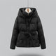 Women's hooded belted puffer jacket with quilted panels and front pockets