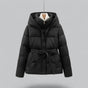 Women's hooded belted puffer jacket with quilted panels and front pockets