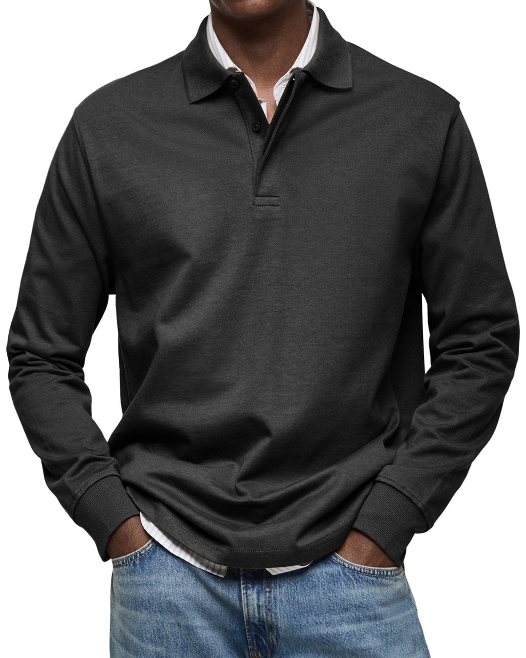 Men's long sleeve polo sweater with collar and button placket