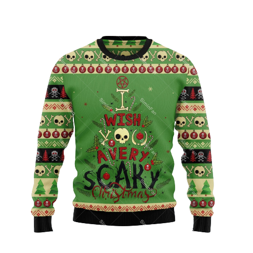 Men's Christmas sweater with skull graphics, snowflakes and festive lettering