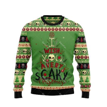 Men's Christmas sweater with skull graphics, snowflakes and festive lettering