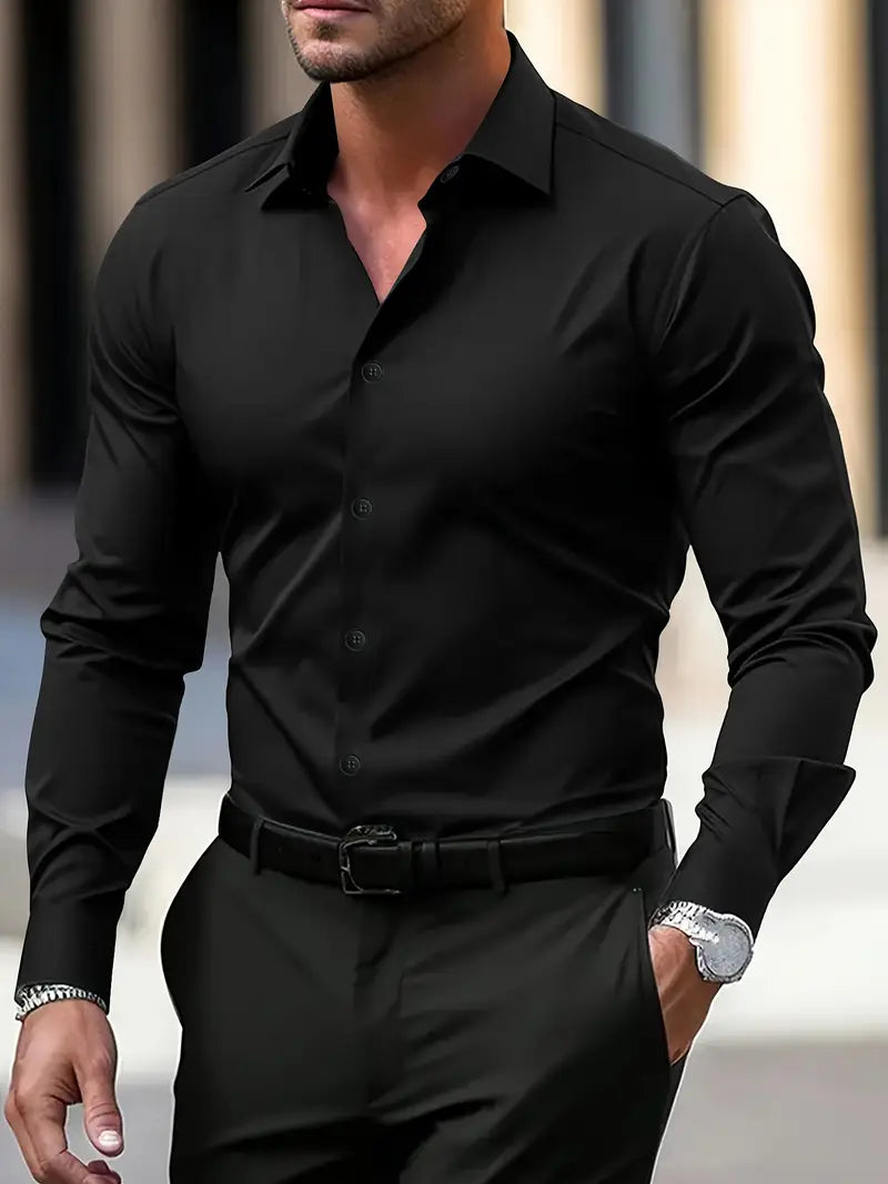 Men's slim fit long sleeve shirt with pointed collar and button front