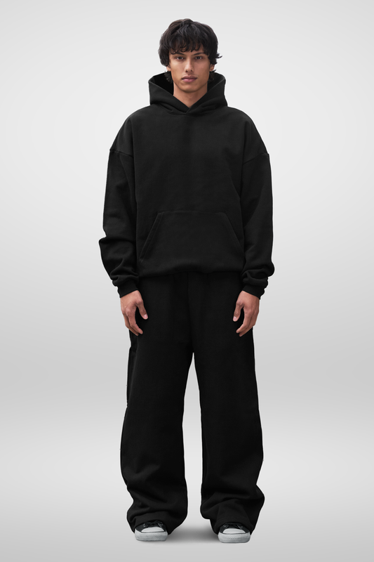 Men's black pullover hoodie with hood, long sleeves and kangaroo pocket