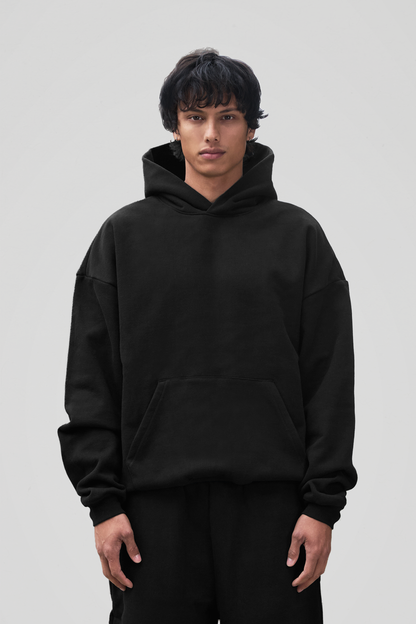 Men's black pullover hoodie with hood, long sleeves and kangaroo pocket