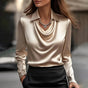 Women's long-sleeve cowl neck blouse with pointed collar and draped front