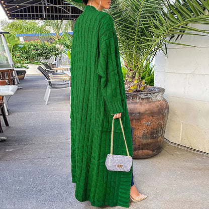 Women's longline cable knit cardigan with open front and front pockets