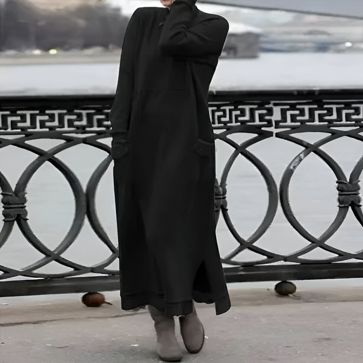 Women's long sleeve high neck maxi dress with side pockets and ankle-length hem