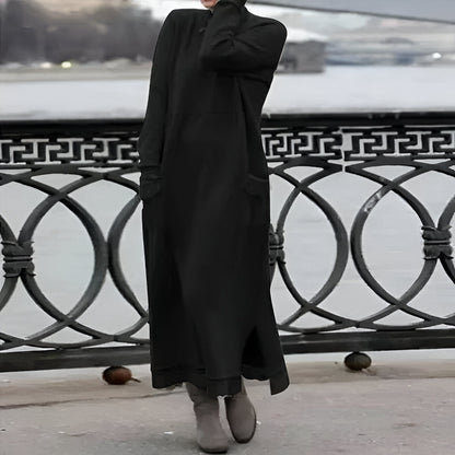 Women's long sleeve high neck maxi dress with side pockets and ankle-length hem