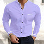 Men's long-sleeve grandad collar shirt with contrast trim and chest pocket