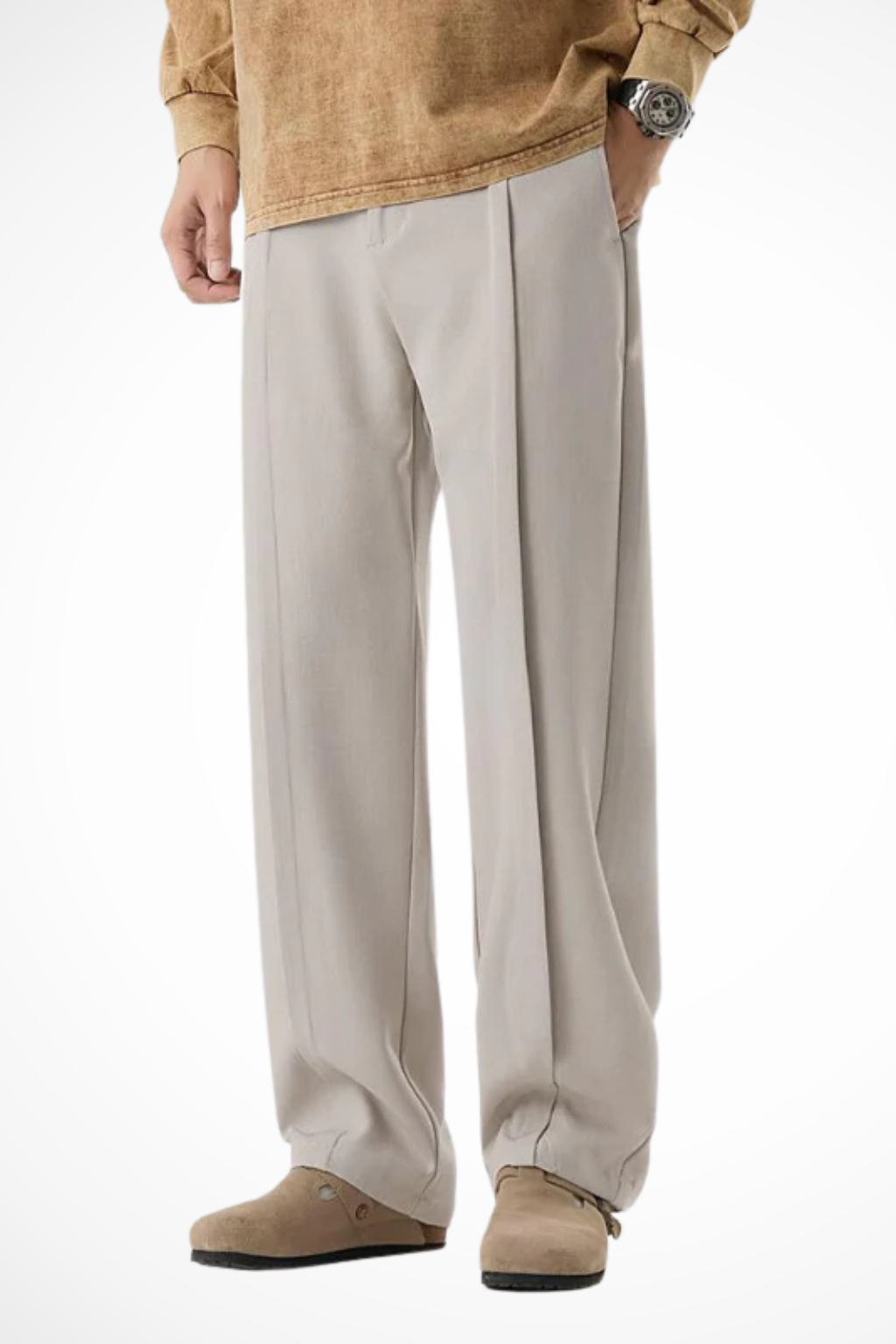 Men's wide-leg tailored trousers with front pleats and straight hems