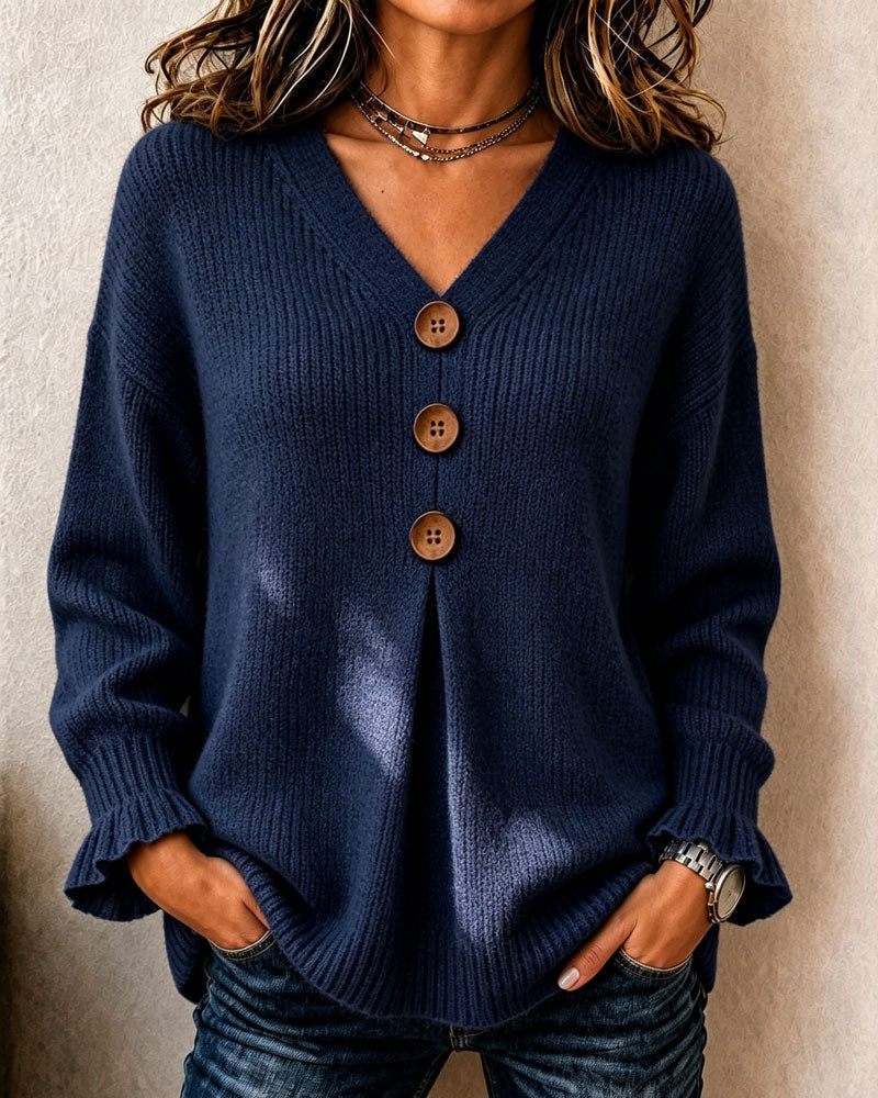 Women's V-neck button cardigan with long sleeves and ribbed knit texture