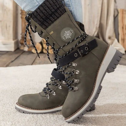 Women's lace-up ankle snow boots with knitted cuffs, buckle straps and ridged soles