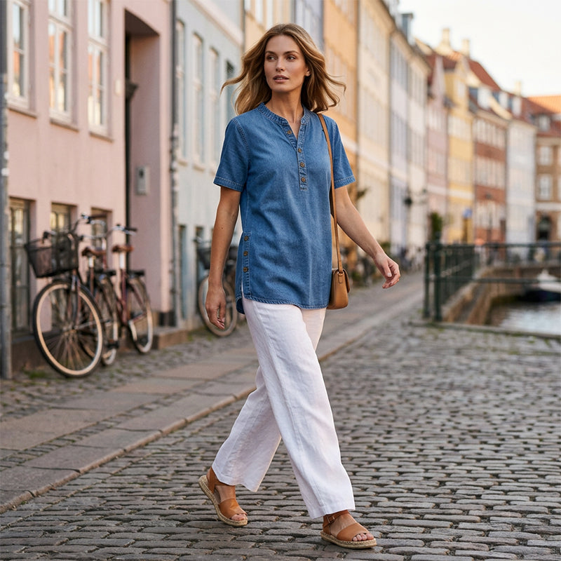 Women's Lightweight Denim Tunic — V-Neck Short-Sleeve Button Top