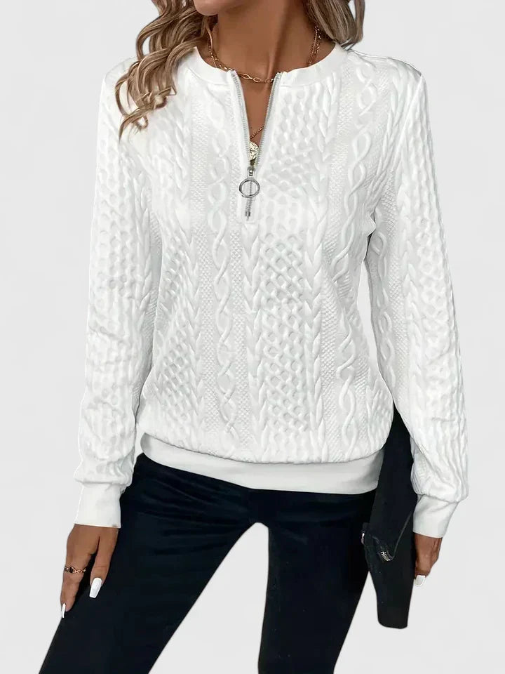 Women's textured cable knit sweater with zip neckline and ribbed trims
