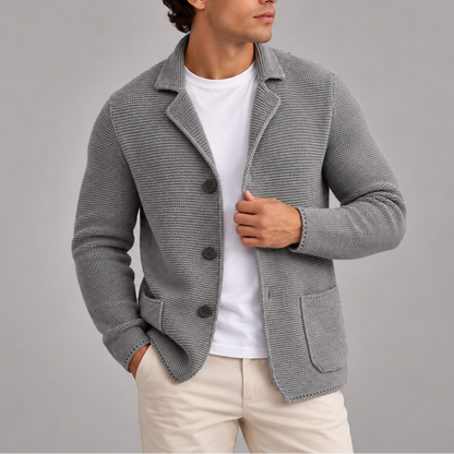 Men's knitted cardigan blazer with lapels, button front and patch pockets