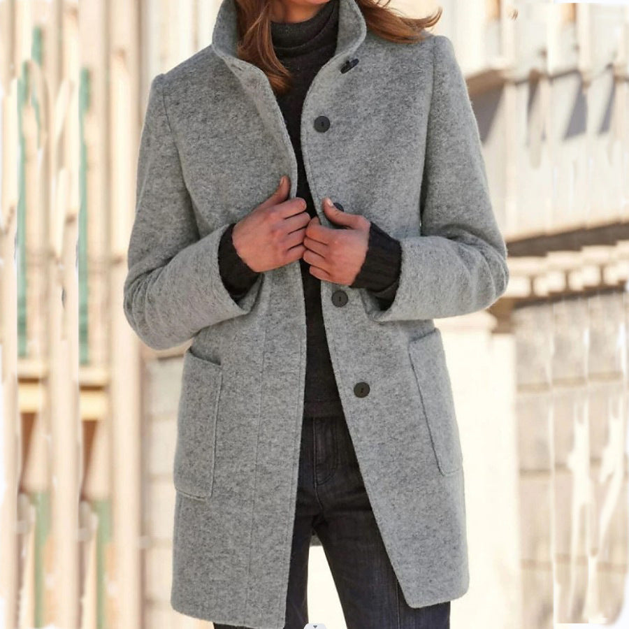 Women's straight mid-thigh coat with stand collar, long sleeves, buttons and patch pockets