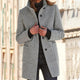 Women's straight mid-thigh coat with stand collar, long sleeves, buttons and patch pockets