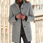 Women's straight mid-thigh coat with stand collar, long sleeves, buttons and patch pockets