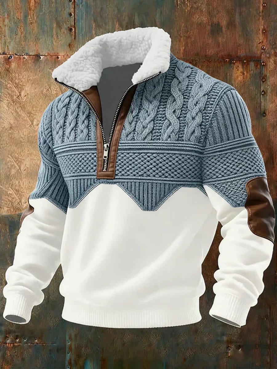 Men's colorblock cable-knit half-zip sweater with mock neck and long sleeves