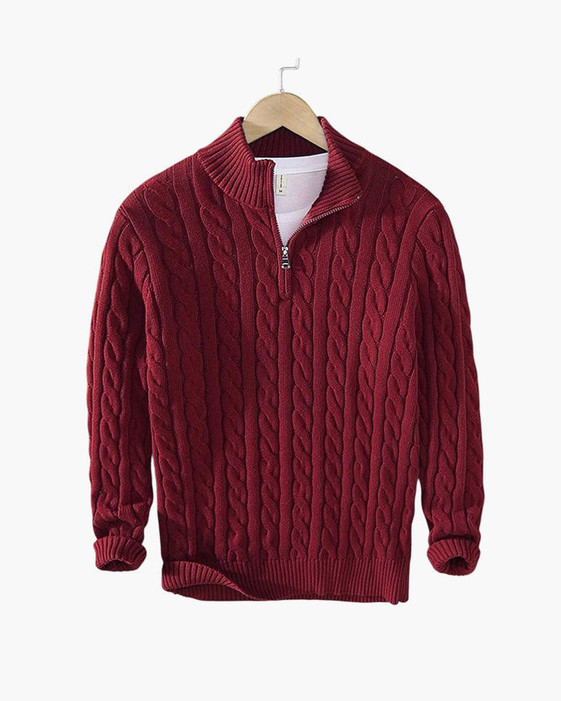 Cable knit sweater with mock collar, quarter zip and ribbed trims