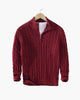 Cable knit sweater with mock collar, quarter zip and ribbed trims
