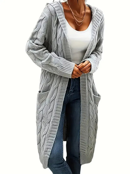 Women's longline textured open cardigan with long sleeves and side pockets