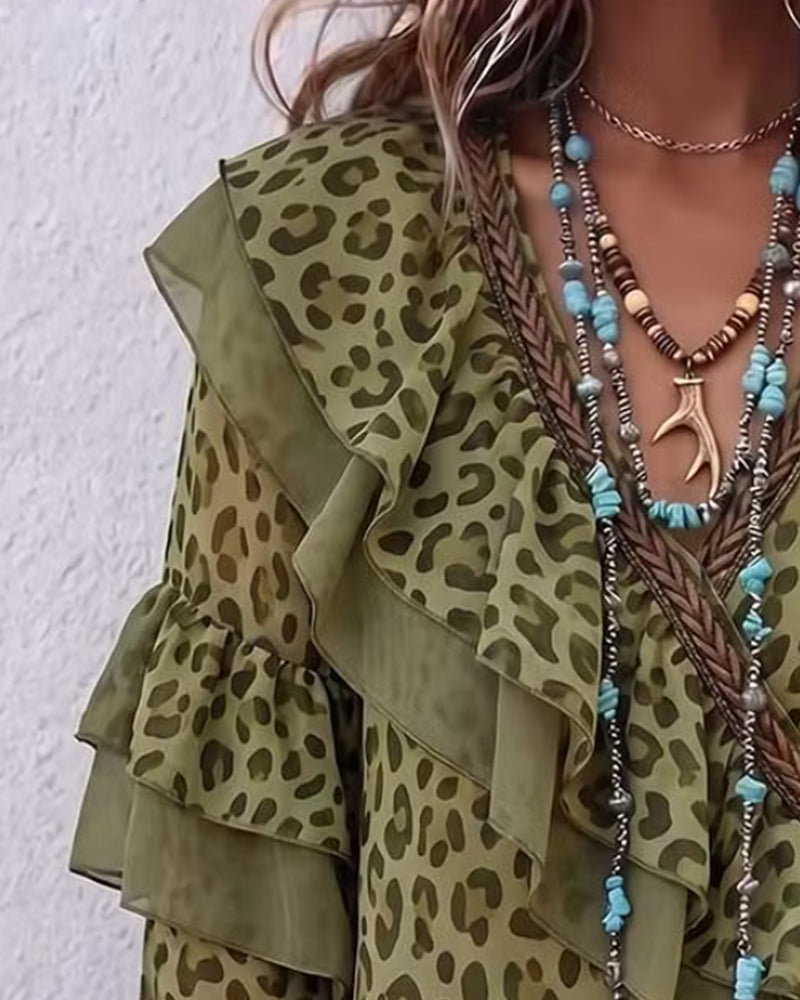 Women's olive green leopard print blouse with layered ruffles and V-neck