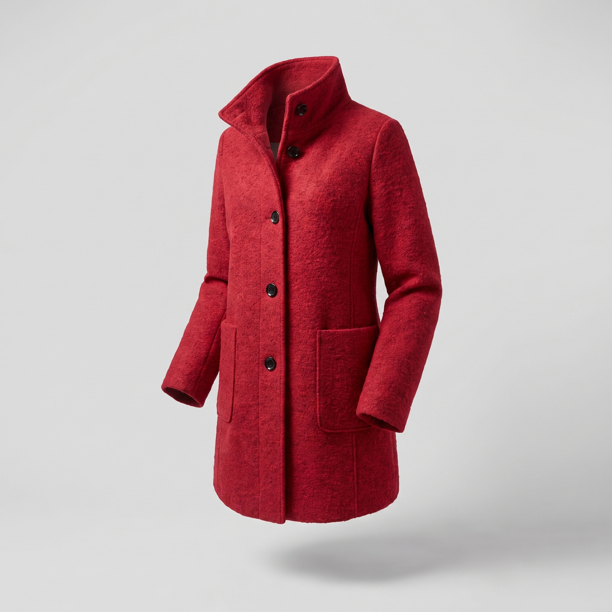 Women's longline trench coat with stand collar, button front and patch pockets