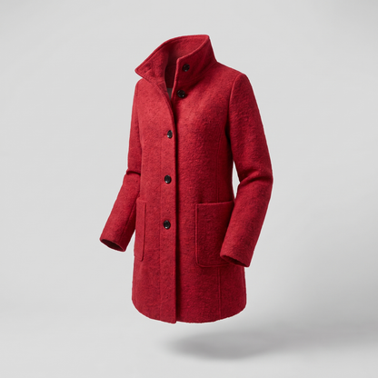 Women's longline trench coat with stand collar, button front and patch pockets