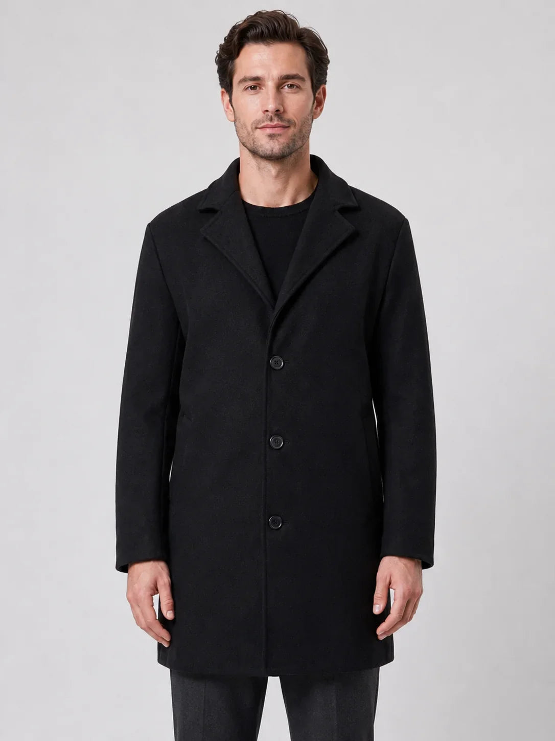 Men's single-breasted longline overcoat with notched lapels and button front