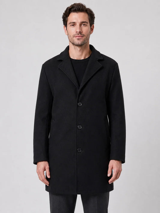Men's single-breasted longline overcoat with notched lapels and button front