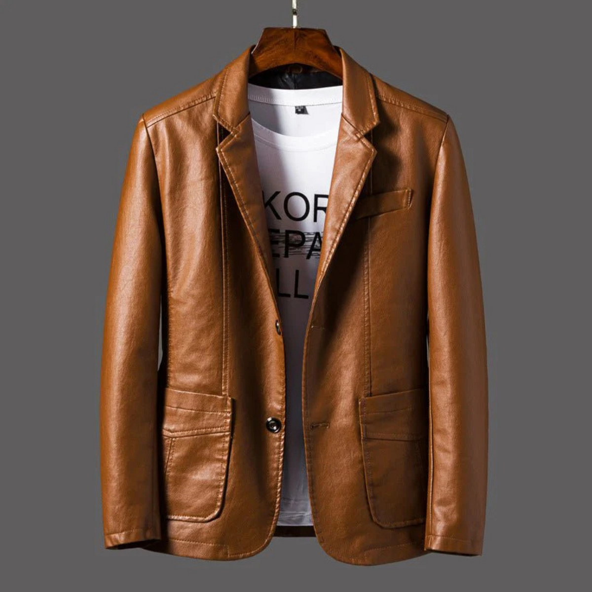 Men's button-front blazer jacket with notched lapels and patch pockets