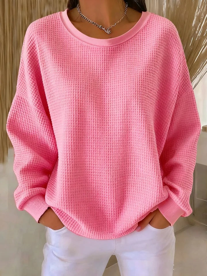 Women's textured crew neck sweater with long sleeves and ribbed trims