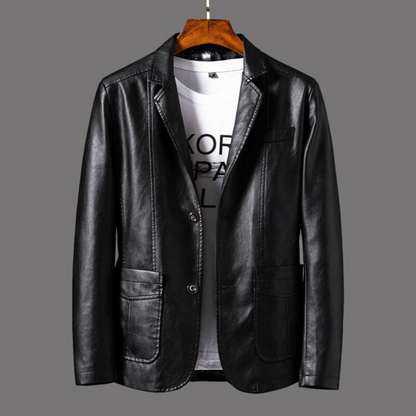Men's button-front blazer jacket with notched lapels and patch pockets