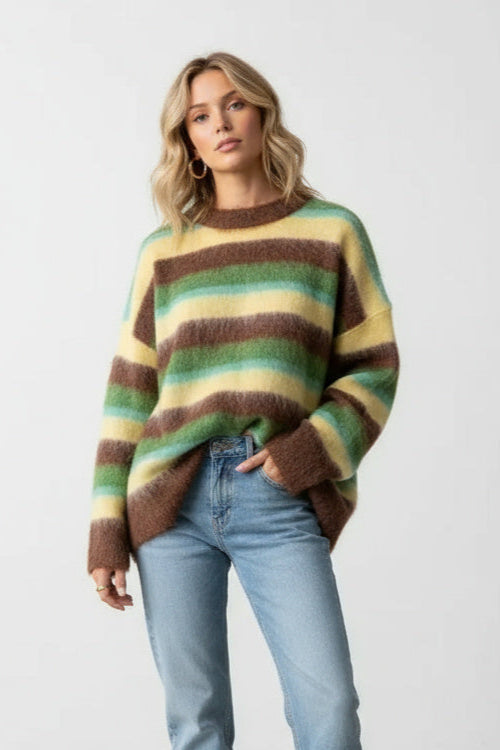 Women's oversized striped crew neck sweater in green, yellow and brown