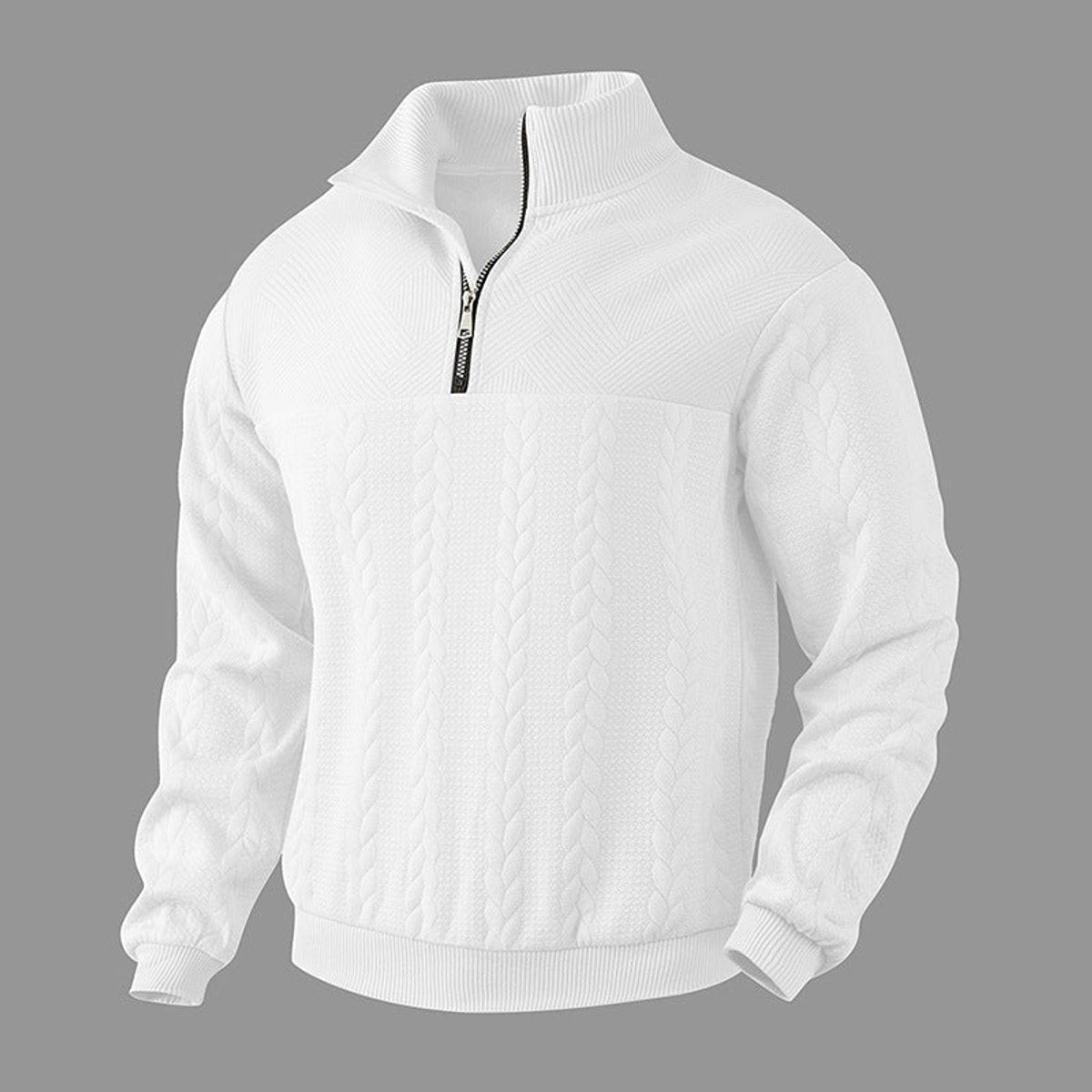 Men's cable knit quarter-zip sweater with mock neck and long sleeves
