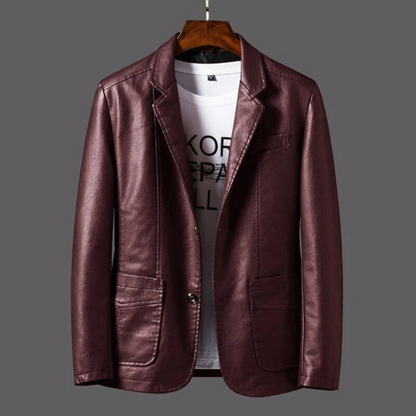 Men's button-front blazer jacket with notched lapels and patch pockets