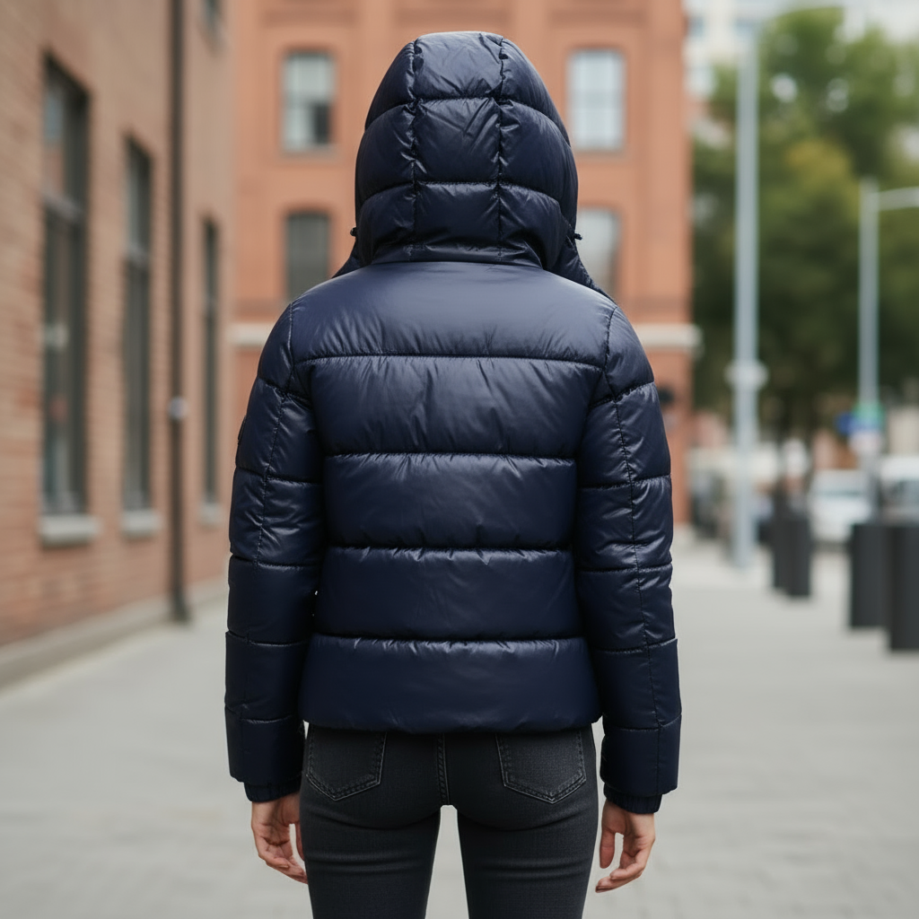 Glossy hooded puffer jacket with horizontal padded panels and front pockets