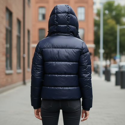 Glossy hooded puffer jacket with horizontal padded panels and front pockets