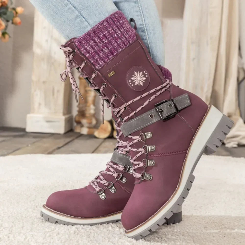 Women's lace-up ankle snow boots with knitted cuffs, buckle straps and ridged soles
