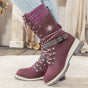 Women's lace-up ankle snow boots with knitted cuffs, buckle straps and ridged soles