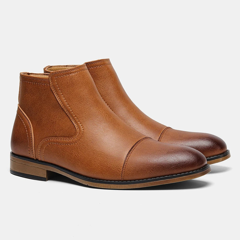 Men's Chelsea ankle boots with rounded toes, elastic side panels and low block heels