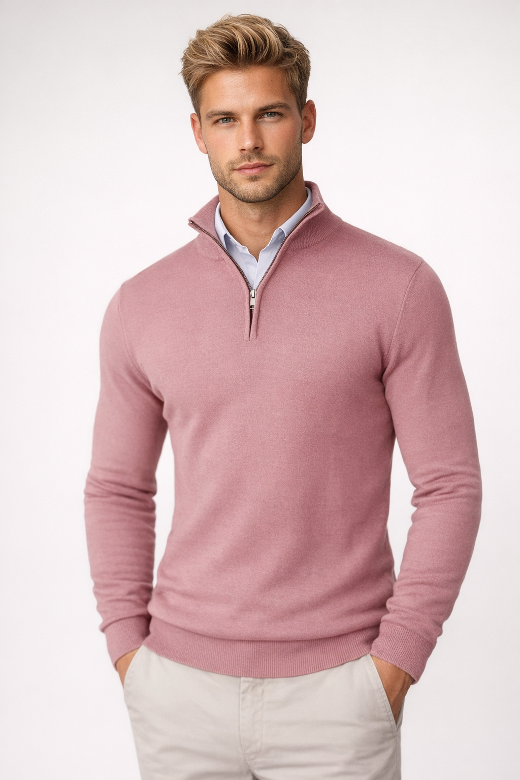Men's half-zip sweater with mock neck and ribbed trims