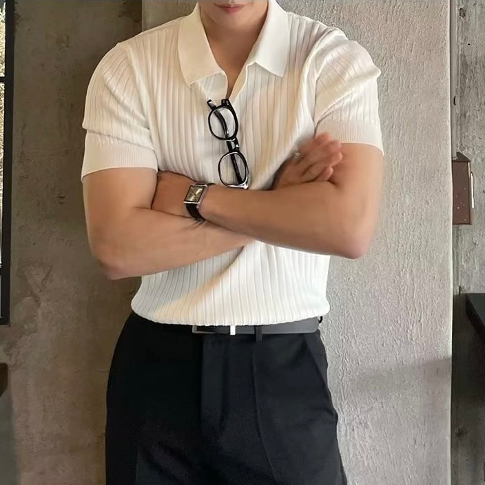 Ribbed knit polo shirt with short sleeves and spread collar