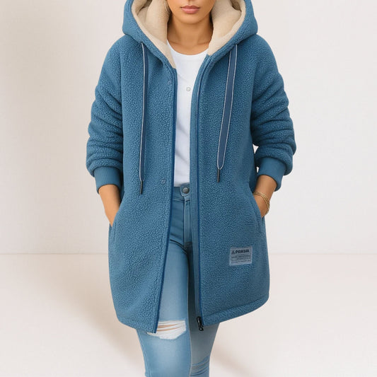 Women's longline sherpa hooded jacket with zip front and pockets