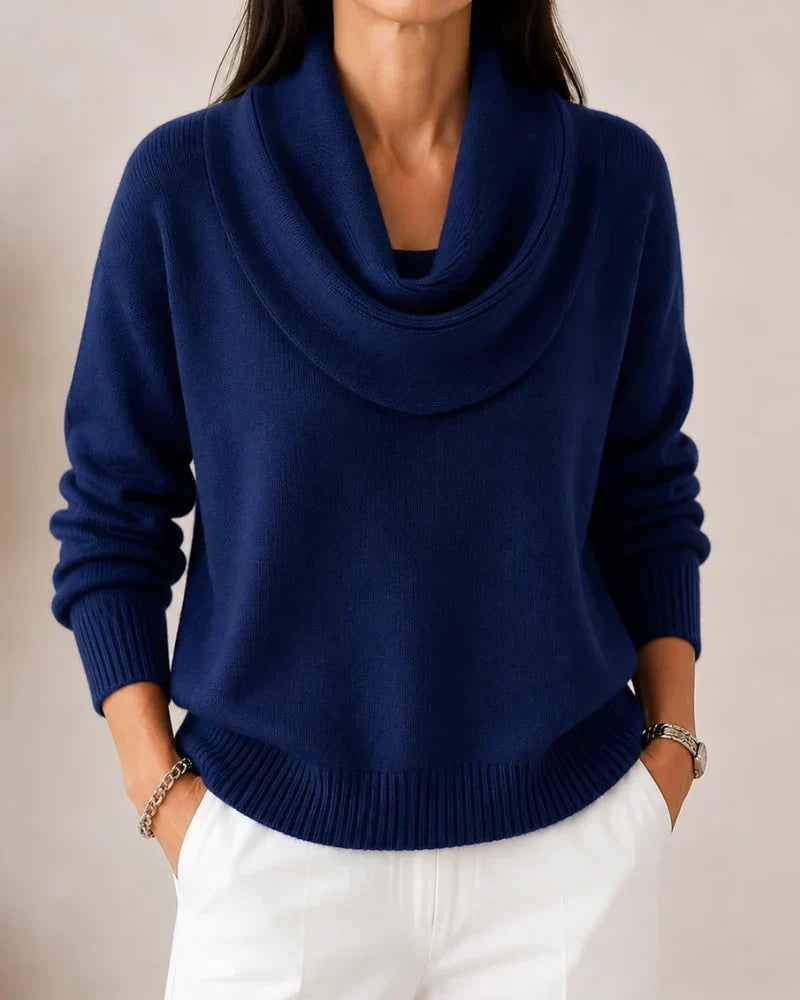 Women's knit sweater with draped cowl neckline, long sleeves and ribbed trims