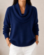 Women's knit sweater with draped cowl neckline, long sleeves and ribbed trims